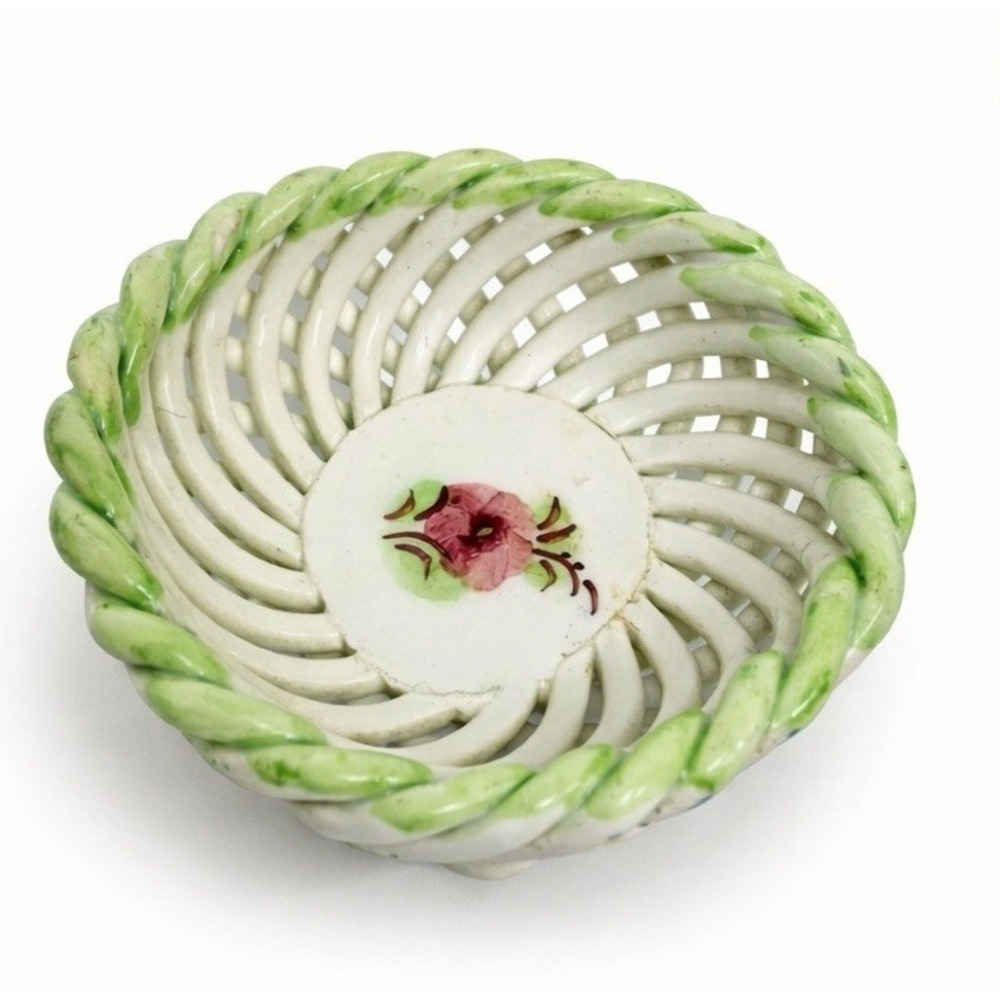 Vintage Woven Lattice Pottery Mini Basket Bowl Hand Painted Flower Majolica Styl